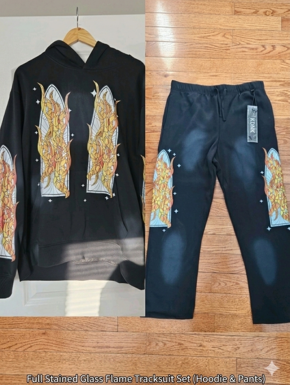 NWT KDNK Men's 2-Piece Tracksuit Set - Black Hoodie & Joggers Stained Glass